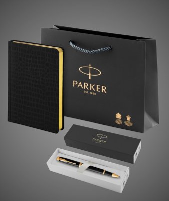 Подарочный набор Parker: ручка-роллер Parker IM Metal Black GTи ежедневник черного цвета с имитацией под кожу рептилии, Лаки и смолы: лак, латунь, нержавеющая сталь, позолота