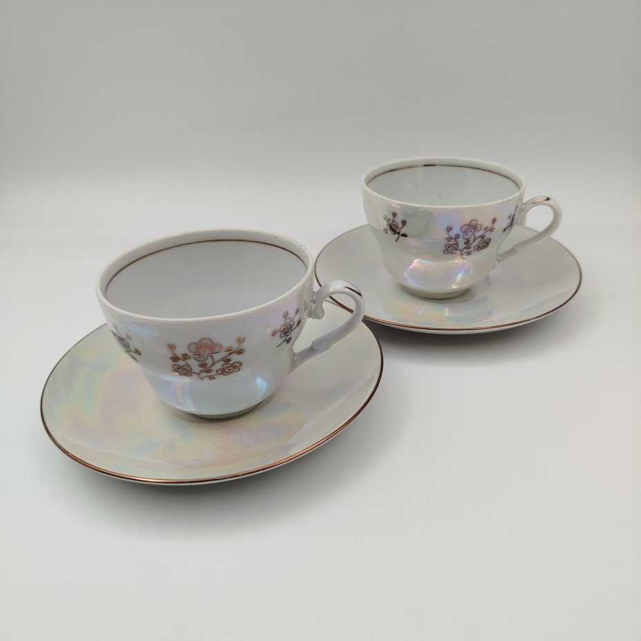 Набор кофейный "Мадонна" в подборе (2 кофейные пары, кофейник и молочник), фарфор, деколь, люстр, золочение, Kahla, ГДР, 1960-1990 гг.