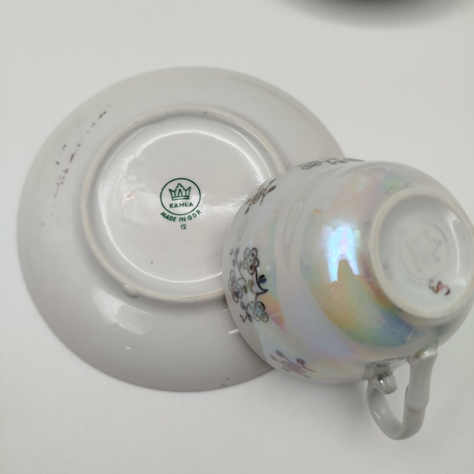 Набор кофейный "Мадонна" в подборе (2 кофейные пары, кофейник и молочник), фарфор, деколь, люстр, золочение, Kahla, ГДР, 1960-1990 гг.