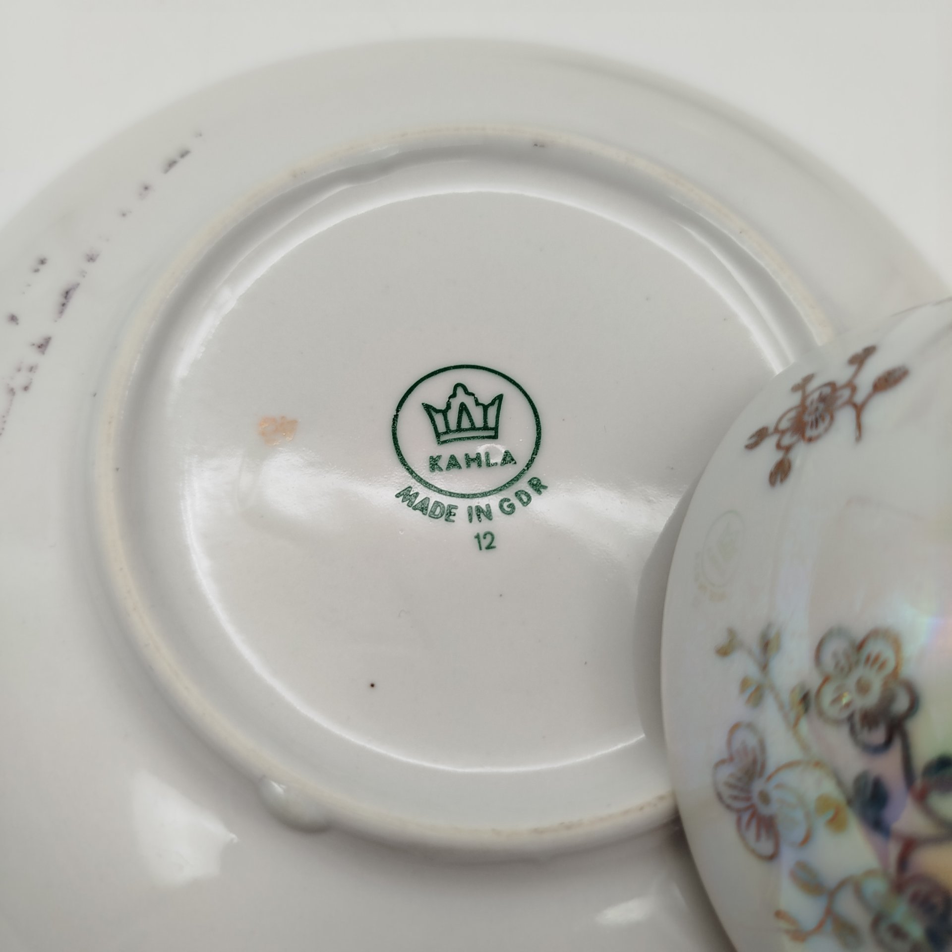 Набор кофейный "Мадонна" в подборе (2 кофейные пары, кофейник и молочник), фарфор, деколь, люстр, золочение, Kahla, ГДР, 1960-1990 гг.