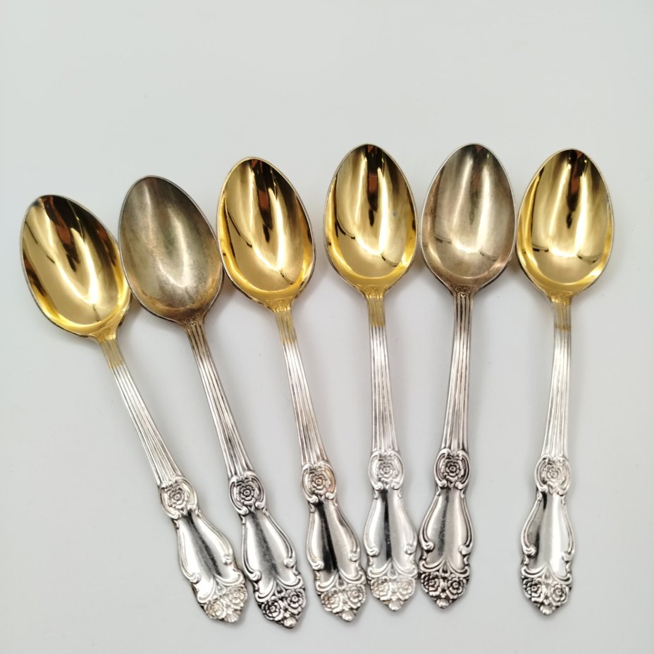 Набор чайных ложек "Серебряная роза" на 6 персон в коробке, мНЦ (медь-никель-цинк), серебрение, Кольчугинский завод цветных металлов, СССР, 1962-1990 гг.