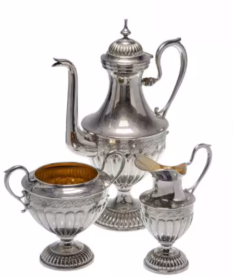 Набор кофейный из 3-х предметов (кофейник, сахарница, молочник), стиль ампир, латунь с серебрением и золочением, фирма "OSTBERG", Швеция, 1910-1940 гг