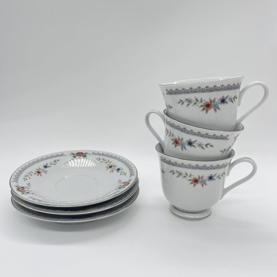 Набор из 3 чайных пар с цветочным декором, Dynasty Fine China, фарфор, деколь, золочение, Китай, 1970-1990 гг.