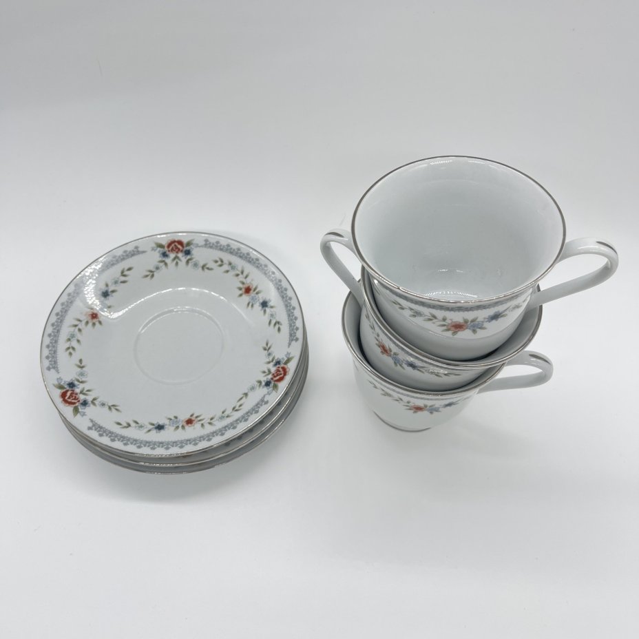 Набор из 3 чайных пар с цветочным декором, Dynasty Fine China, фарфор, деколь, золочение, Китай, 1970-1990 гг.