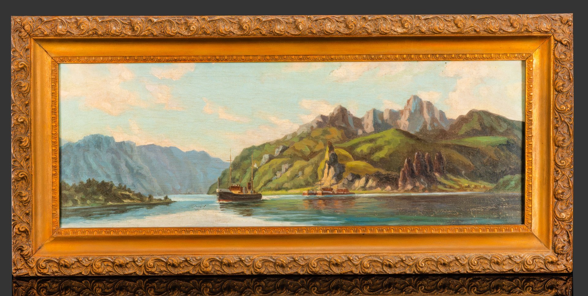 Картина в раме "Горное озеро", неизвестный художник, холст, масло, дерево, гипс, бронзирование, СССР, 1950-1970 гг.