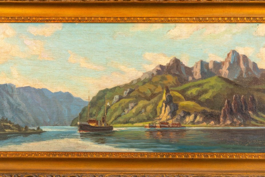 Картина в раме "Горное озеро", неизвестный художник, холст, масло, дерево, гипс, бронзирование, СССР, 1950-1970 гг.