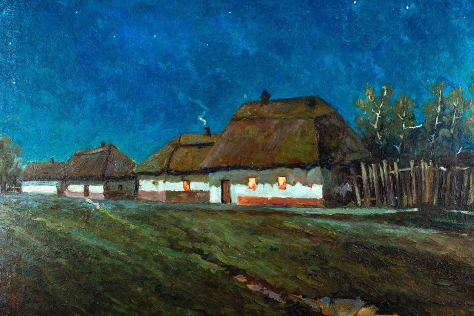 Картина "Летняя ночь в Малороссии" (копия работы Евгения Ксаверьевича Вржеща), оформленная в раму, неизвестный художник