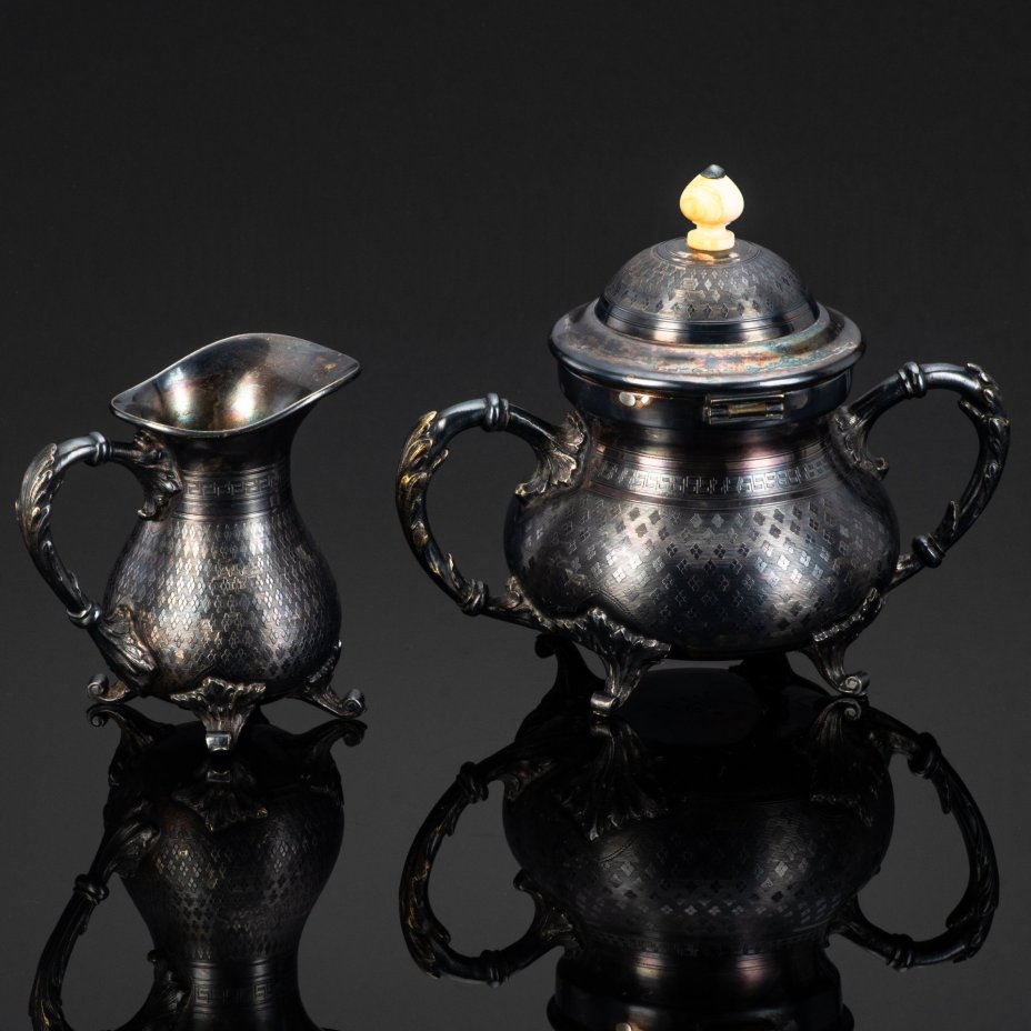 Набор чайно-кофейный (сахарница и молочник), металл, серебрение, золочение, кость (хваток), Norblin & Co (Норблин), Российская империя, 1872-1882 гг.