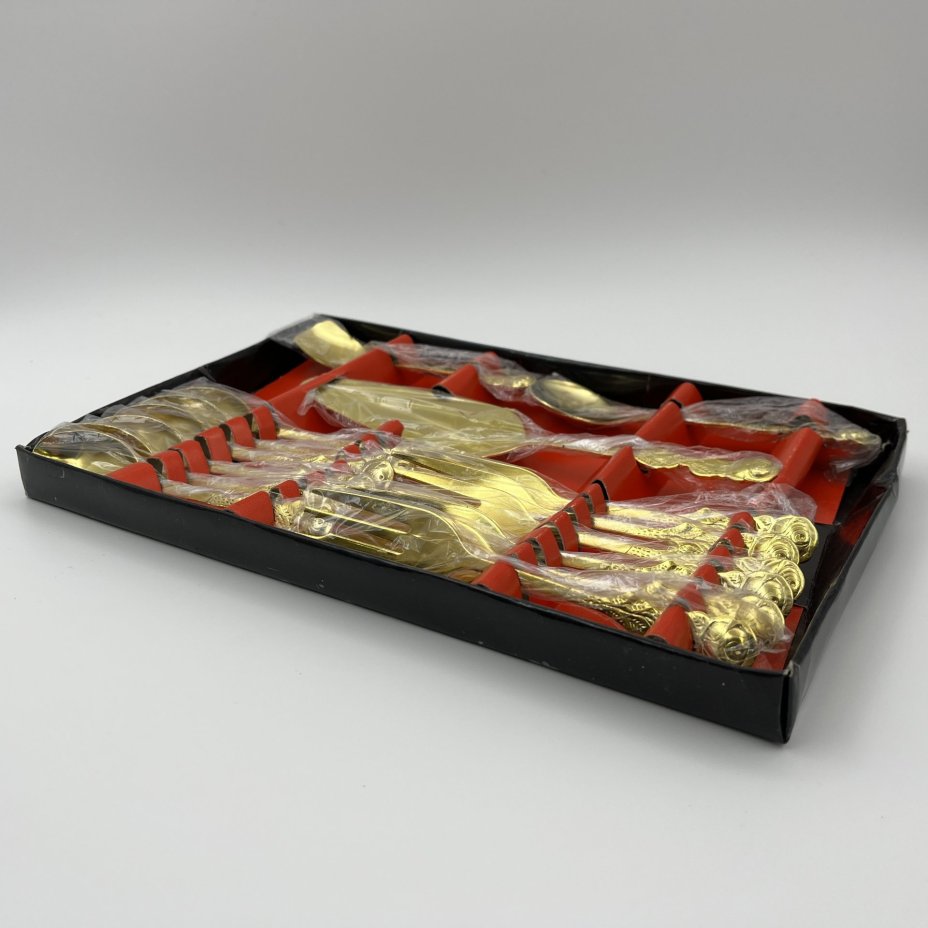 Набор столовых приборов для подачи десерта (15 предметов) с декором в виде цветка розы в оригинальной упаковке, Kaffeebesteck 15-TLG Vergoldet, нержавеющая сталь, золочение, картон