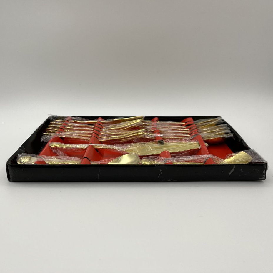 Набор столовых приборов для подачи десерта (15 предметов) с декором в виде цветка розы в оригинальной упаковке, Kaffeebesteck 15-TLG Vergoldet, нержавеющая сталь, золочение, картон