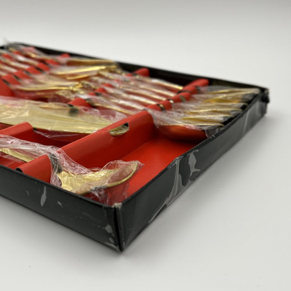 Набор столовых приборов для подачи десерта (15 предметов) с декором в виде цветка розы в оригинальной упаковке, Kaffeebesteck 15-TLG Vergoldet, нержавеющая сталь, золочение, картон