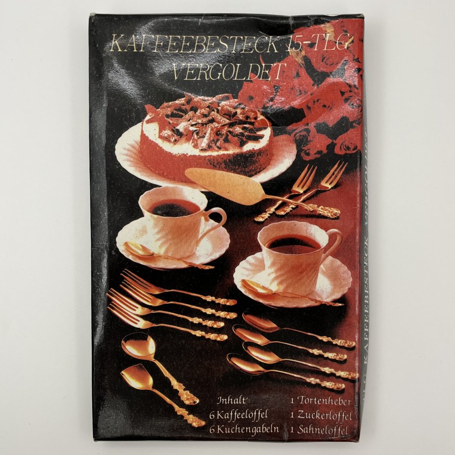 Набор столовых приборов для подачи десерта (15 предметов) с декором в виде цветка розы в оригинальной упаковке, Kaffeebesteck 15-TLG Vergoldet, нержавеющая сталь, золочение, картон