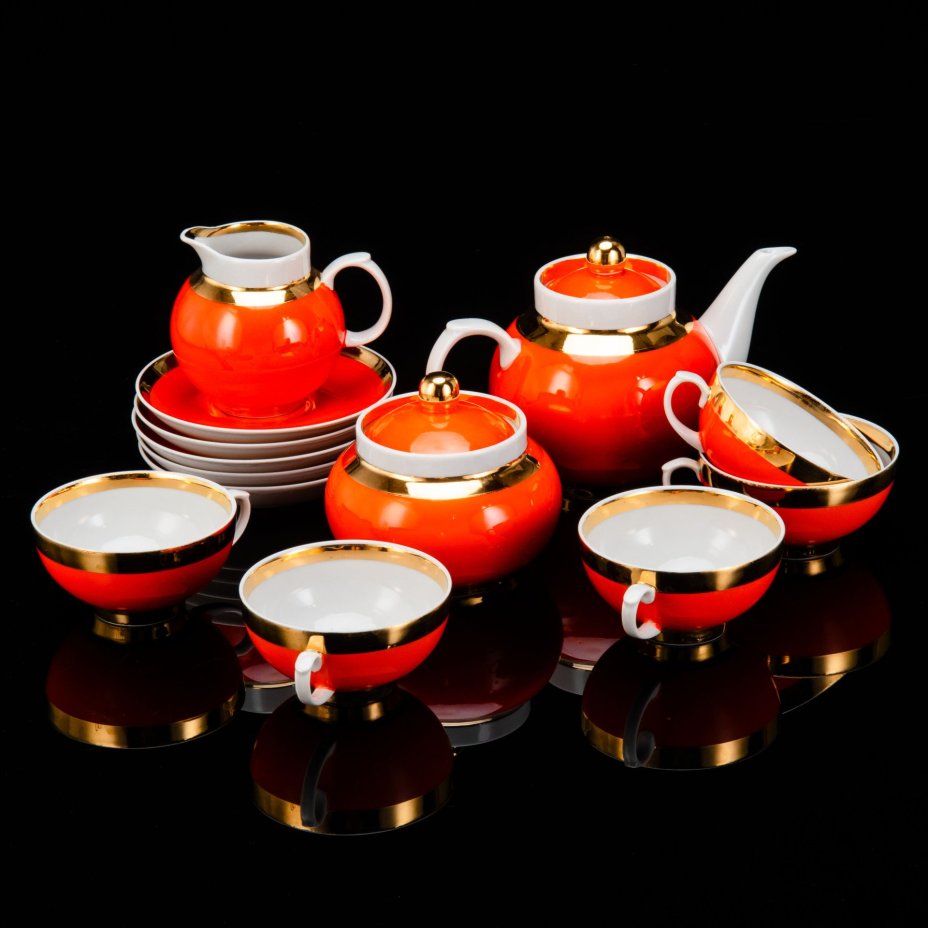 Сервиз чайный на 5 персон, яркого оранжевого цвета, форма "Рубин"  (14 предметов), фарфор, крытье, золочение, Дулевский фарфоровый завод (Дулёво), СССР, 1968-1991 гг.