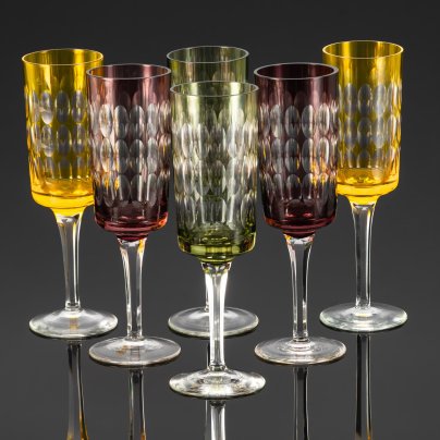 Набор бокалов с эффектом линзы, на 6 персон, хрусталь, нацвет, гранение, Германия, 1960-1990 гг.