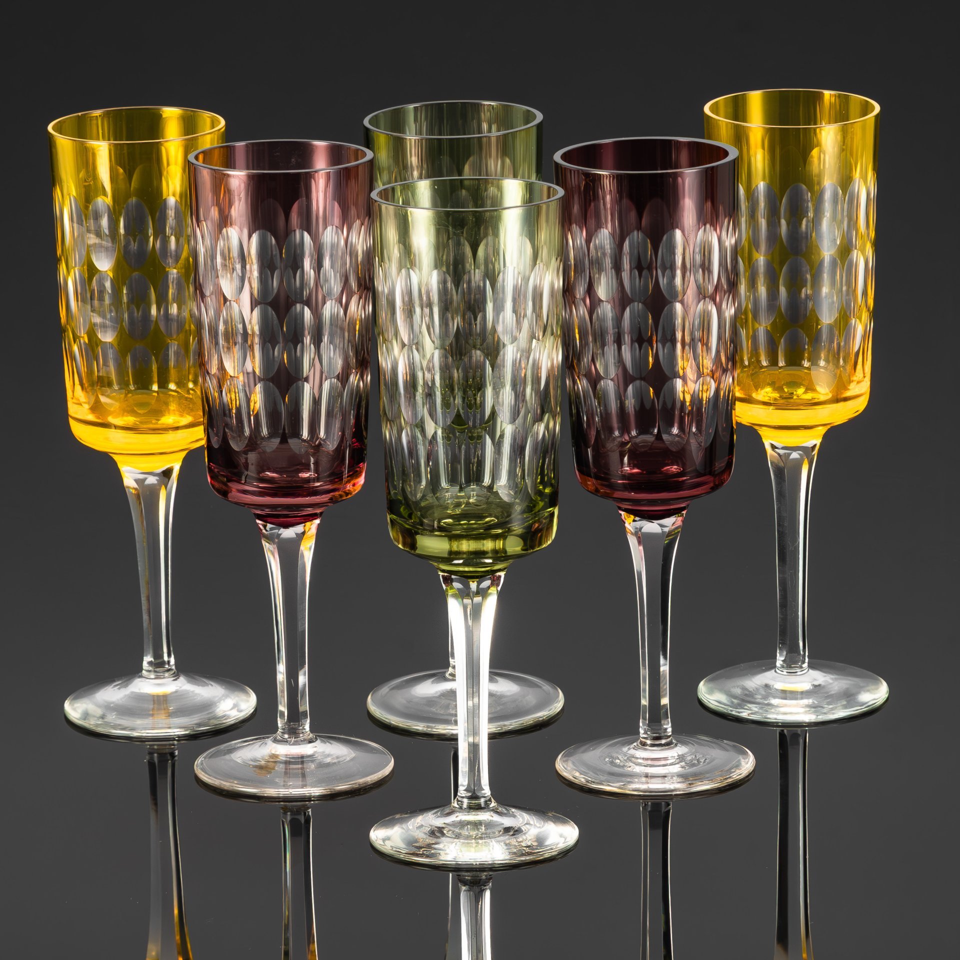 Набор бокалов с эффектом линзы, на 6 персон, хрусталь, нацвет, гранение, Германия, 1960-1990 гг.