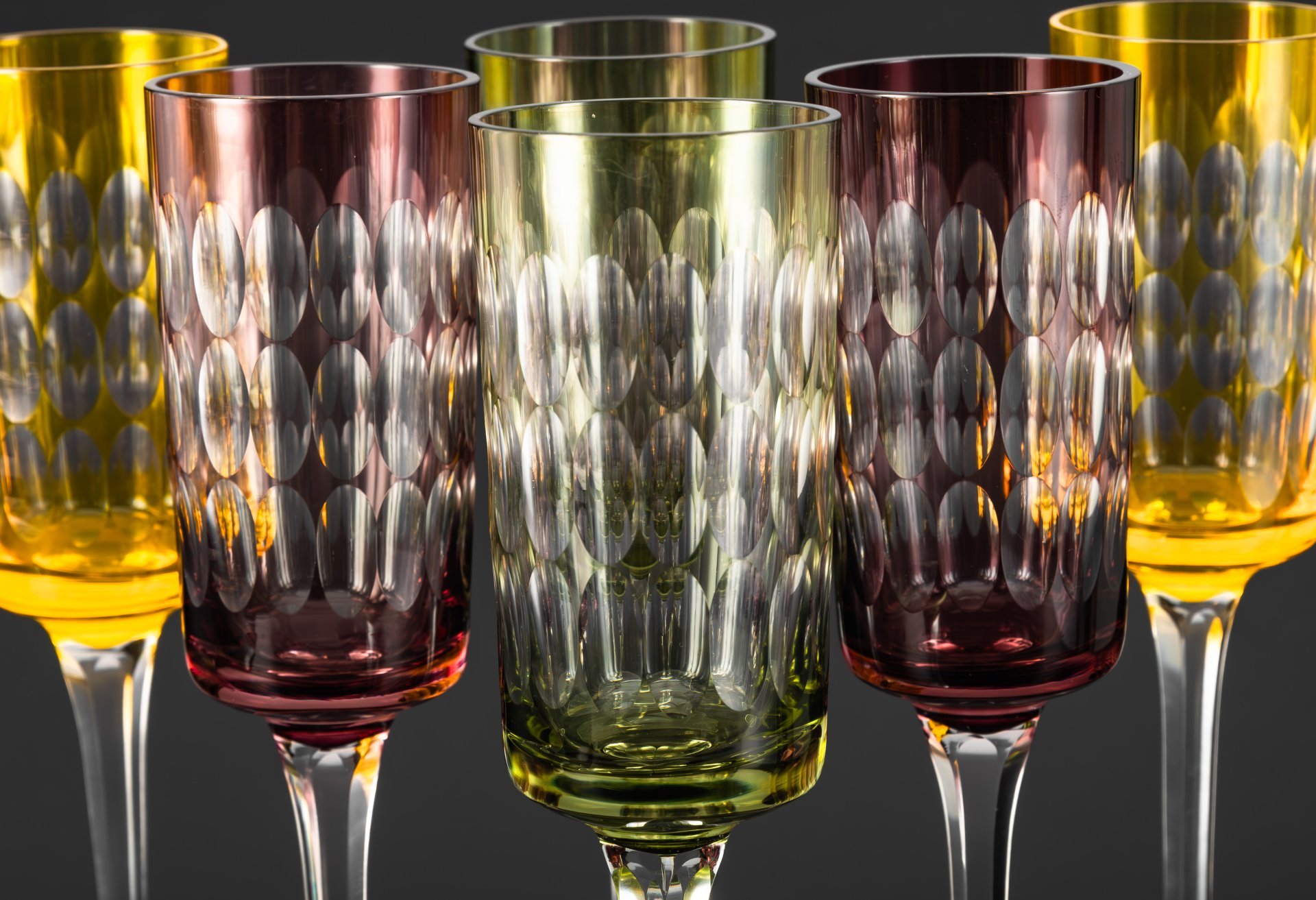 Набор бокалов с эффектом линзы, на 6 персон, хрусталь, нацвет, гранение, Германия, 1960-1990 гг.