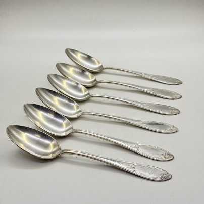 Набор из 6-ти столовых ложек, украшенных растительным декором, мельхиор (медь-никель), Артель «Промтехсвязь», СССР, 1947-1950 гг.