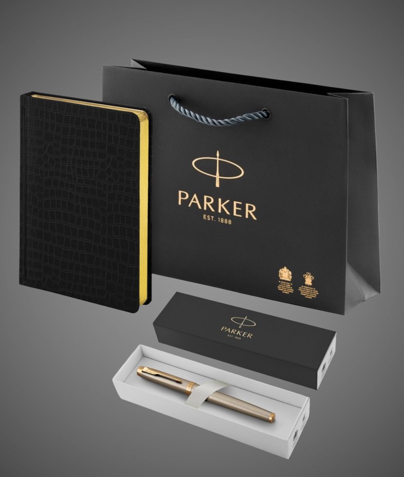 Подарочный набор: Ручка роллер Parker IM Metal Core Brushed Metal GT и Ежедневник недатированный А5 чёрный, Покрытия: позолота, позолота, сталь