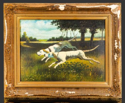 Картина в раме "Охота" ("Охотничьи собаки"), неизвестный художник, оргалит, масло, дерево, гипс, бронзирование, СССР, 1950-1970 гг.