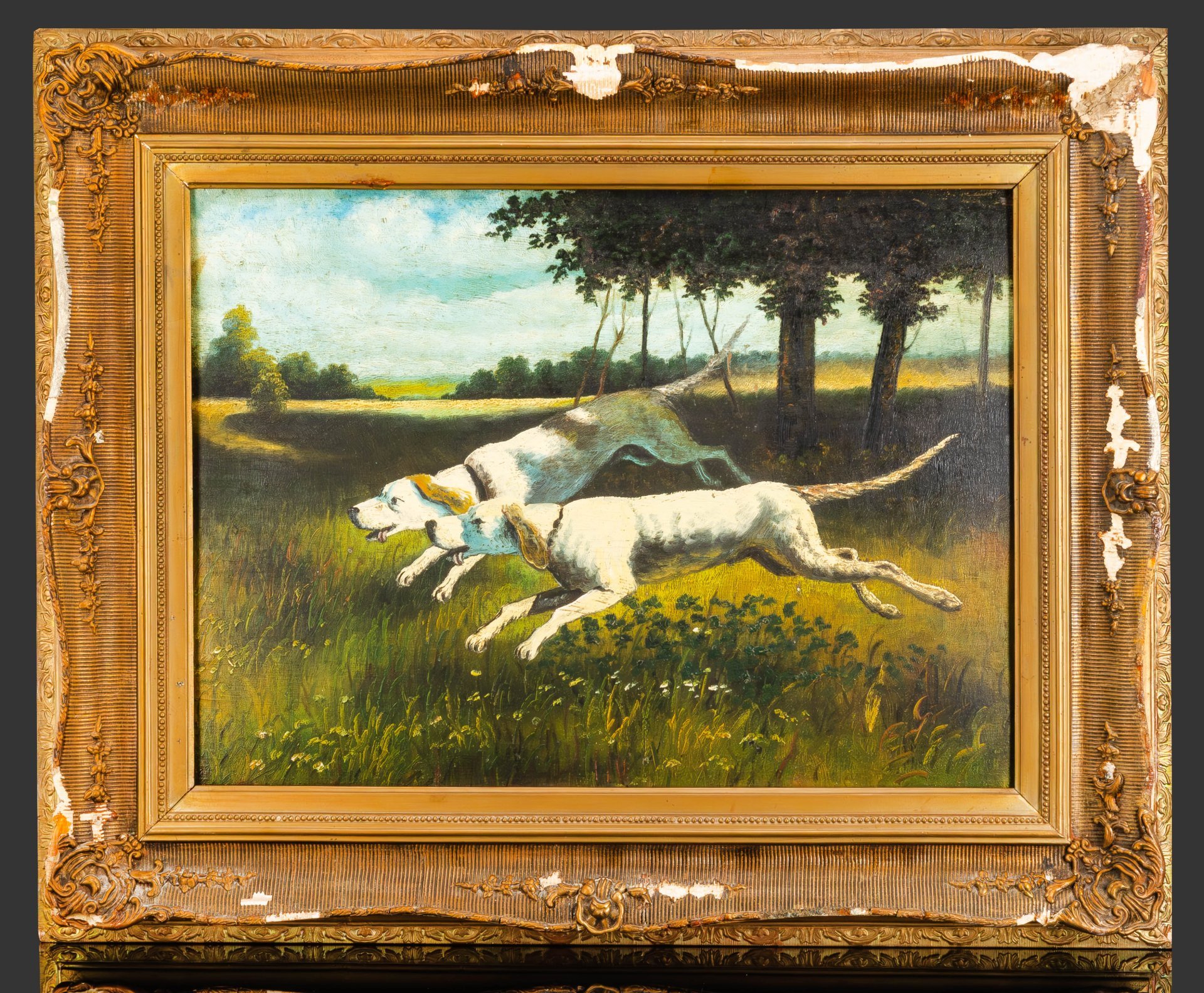 Картина в раме "Охота" ("Охотничьи собаки"), неизвестный художник, оргалит, масло, дерево, гипс, бронзирование, СССР, 1950-1970 гг.