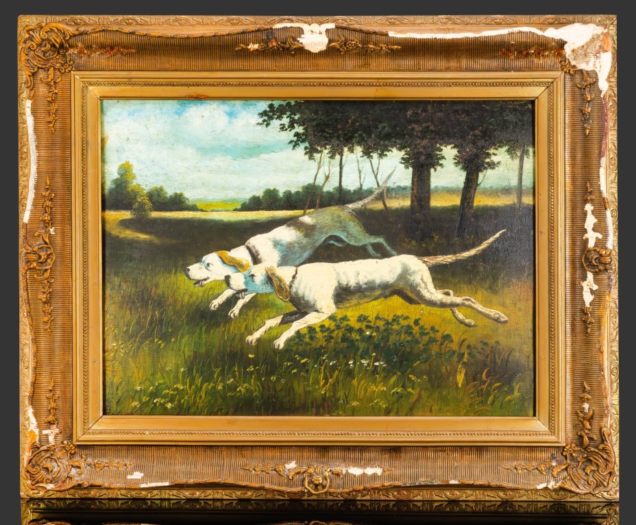Картина в раме "Охота" ("Охотничьи собаки"), неизвестный художник, оргалит, масло, дерево, гипс, бронзирование, СССР, 1950-1970 гг.