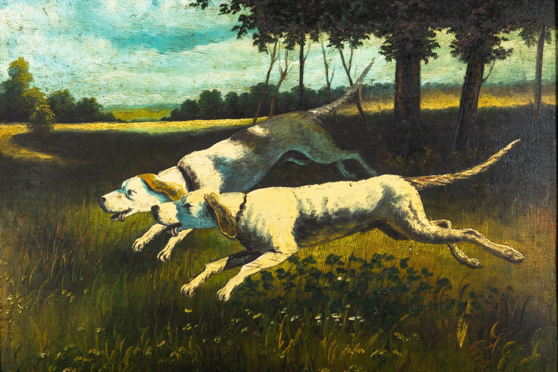 Картина в раме "Охота" ("Охотничьи собаки"), неизвестный художник, оргалит, масло, дерево, гипс, бронзирование, СССР, 1950-1970 гг.