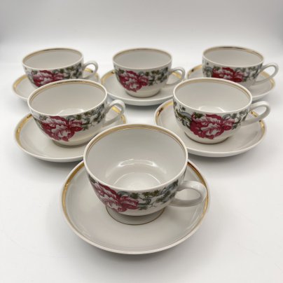 Набор чайных пар "Aija-1" (Айя-1) с цветочным декором на 6 персон, автор формы Зина Улсте, фарфор, деколь, золочение, Рижский фарфорово-фаянсовый завод, СССР, 1970-1980 гг.
