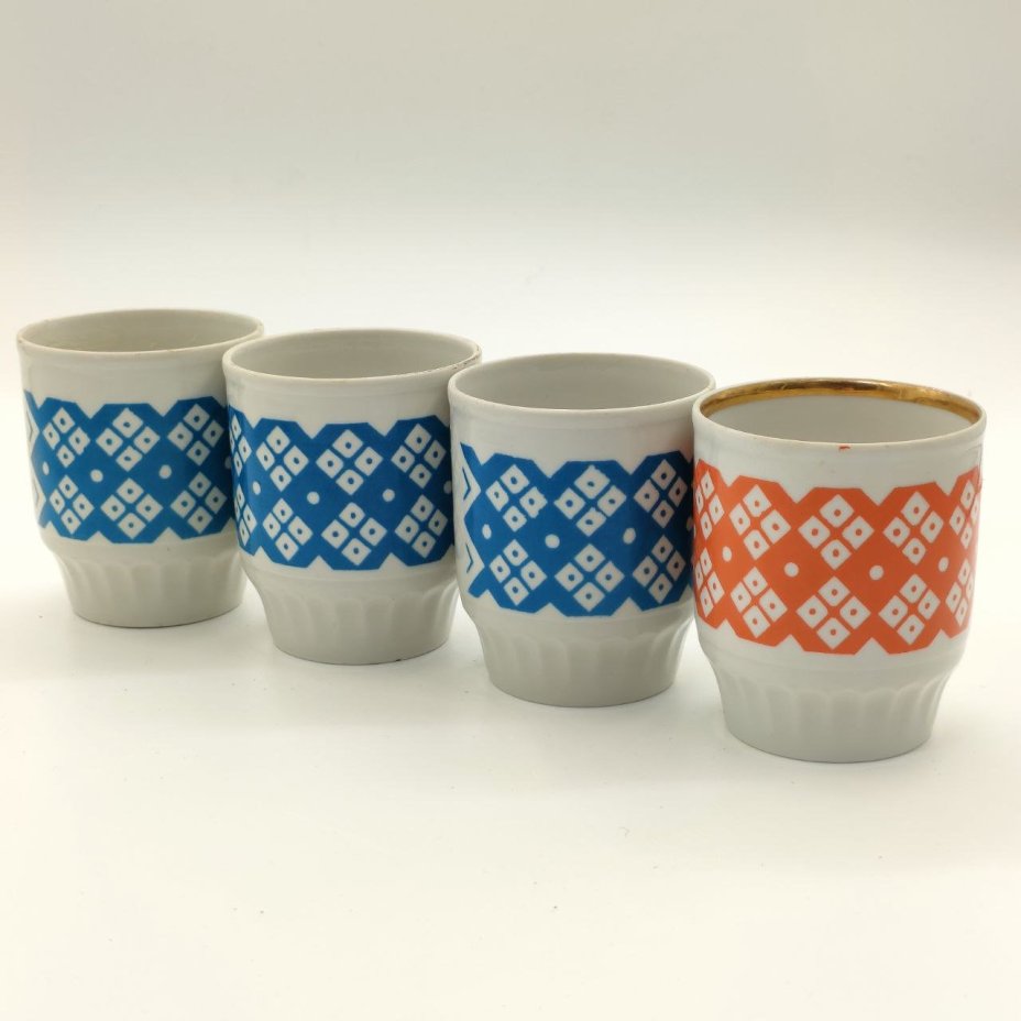 Набор из 4-х стаканов с геометрическим декором (в подборе), фарфор, деколь, золочение, Дулевский фарфоровый завод (Дулёво), СССР, 1987-1990 гг.