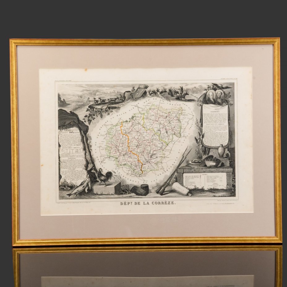 Гравюра "Карта Коррез (Dept de la Corréze)" в раме, автор Виктор Левассер (Victor Levasseur), иллюстрации художника Раймона Бонера