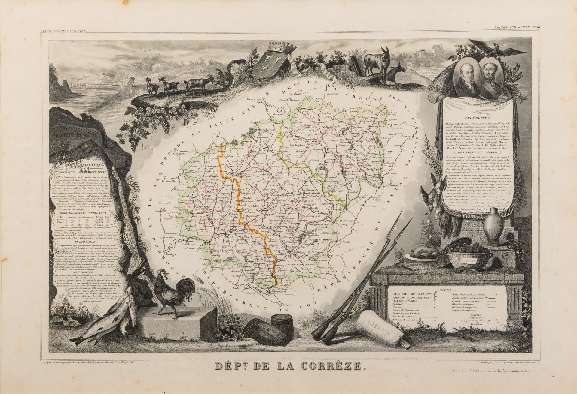 Гравюра "Карта Коррез (Dept de la Corréze)" в раме, автор Виктор Левассер (Victor Levasseur), иллюстрации художника Раймона Бонера