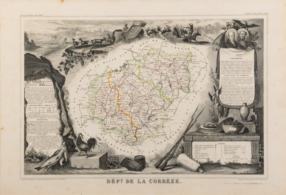 Гравюра "Карта Коррез (Dept de la Corréze)" в раме, автор Виктор Левассер (Victor Levasseur), иллюстрации художника Раймона Бонера