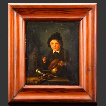Картина в раме в стиле голландских мастеров "Портрет мальчика за обедом" (название условное), неизвестный художник, дерево, масло, Великобритания, 1830-1850 гг.