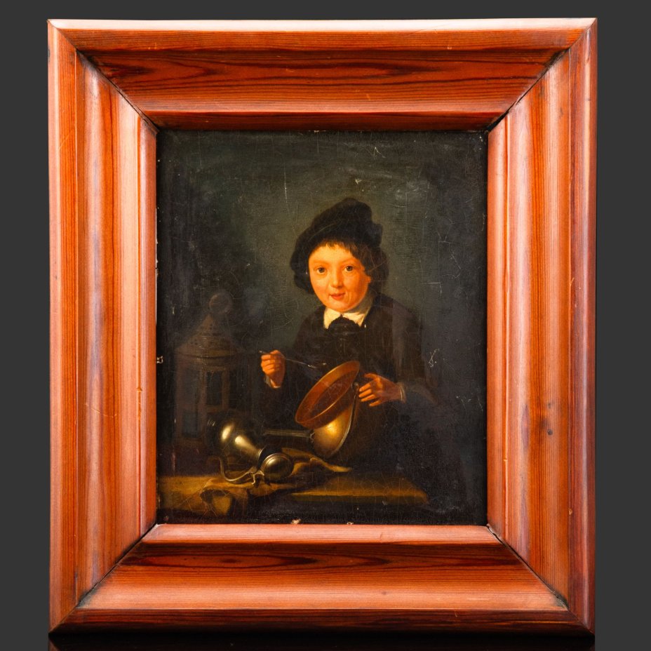 Картина в раме в стиле голландских мастеров "Портрет мальчика за обедом" (название условное), неизвестный художник, дерево, масло, Великобритания, 1830-1850 гг.