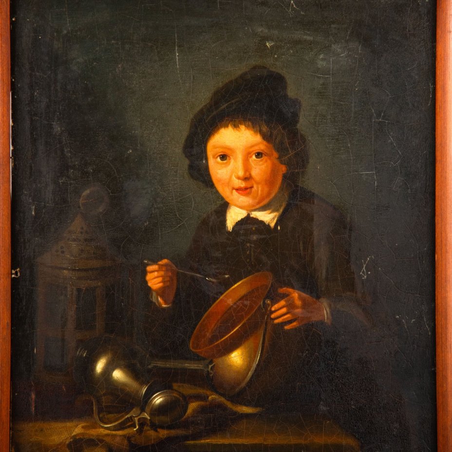 Картина в раме в стиле голландских мастеров "Портрет мальчика за обедом" (название условное), неизвестный художник