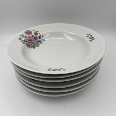 Набор тарелок на 3 персоны (3 обеденные и 3 суповые) с цветочным декором, фарфор, деколь, Дулевский фарфоровый завод (Дулёво), СССР, 1968-1991 гг.