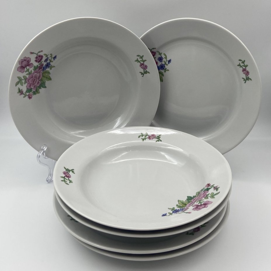 Набор тарелок на 3 персоны (3 обеденные и 3 суповые) с цветочным декором, фарфор, деколь, Дулевский фарфоровый завод (Дулёво), СССР, 1968-1991 гг.