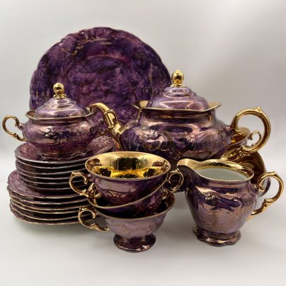 Сервиз чайный в сиреневых оттенках на 6 персон (22 предмета), фарфор, люстр, золочение, Walbrzych, Польша, 1952-1992 гг.