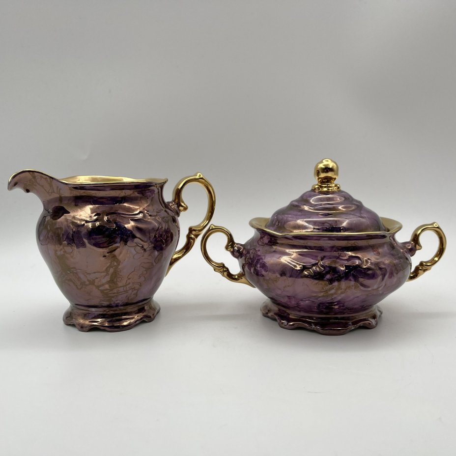 Сервиз чайный в сиреневых оттенках на 6 персон (22 предмета), фарфор, люстр, золочение, Walbrzych, Польша, 1952-1992 гг.