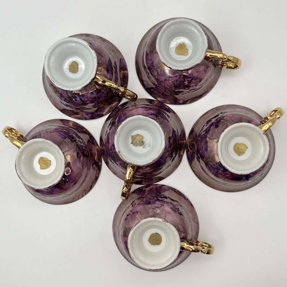 Сервиз чайный в сиреневых оттенках на 6 персон (22 предмета), фарфор, люстр, золочение, Walbrzych, Польша, 1952-1992 гг.