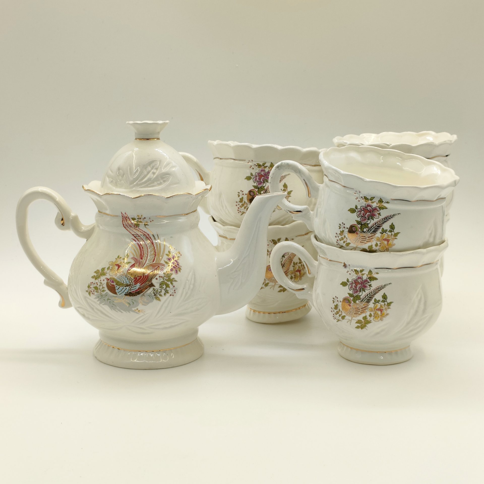 Набор из чайника и 6-ти чашек "Павлин", Neofitou Keramik 24k Gold, керамика, деколь, золочение, Греция, 1980-2000 гг.