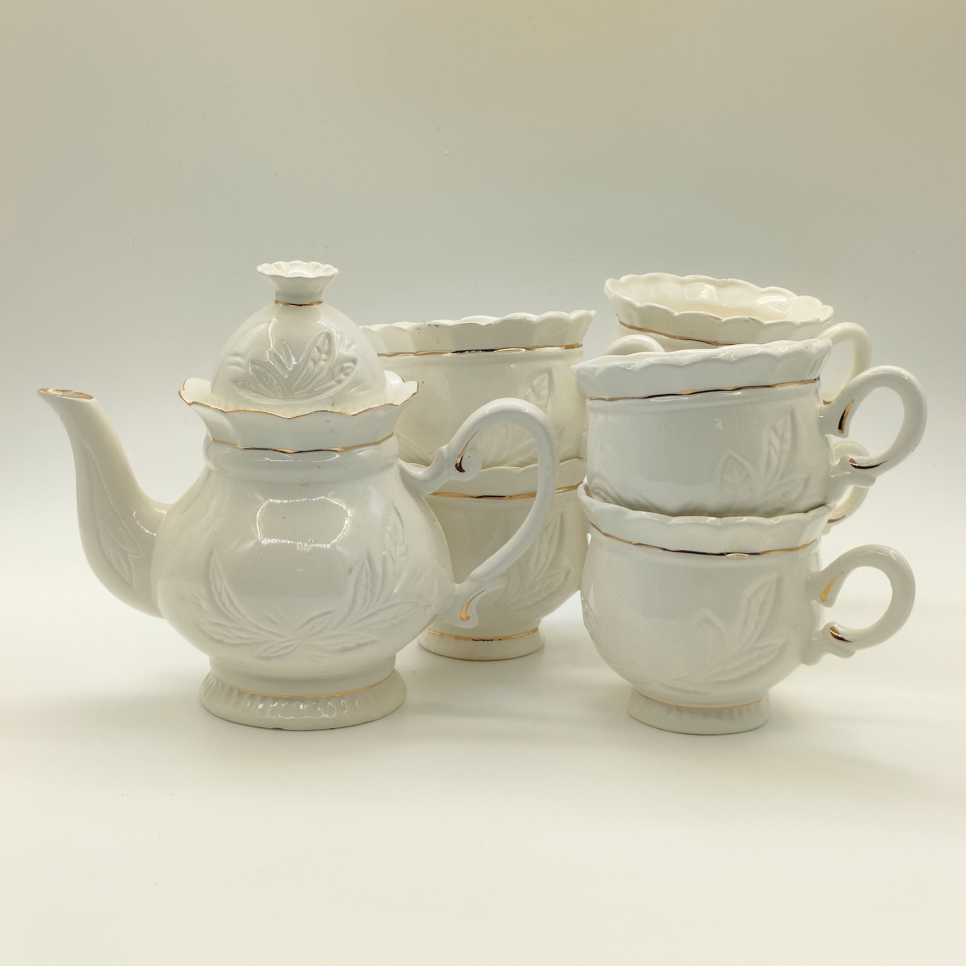 Набор из чайника и 6-ти чашек "Павлин", Neofitou Keramik 24k Gold, керамика, деколь, золочение, Греция, 1980-2000 гг.