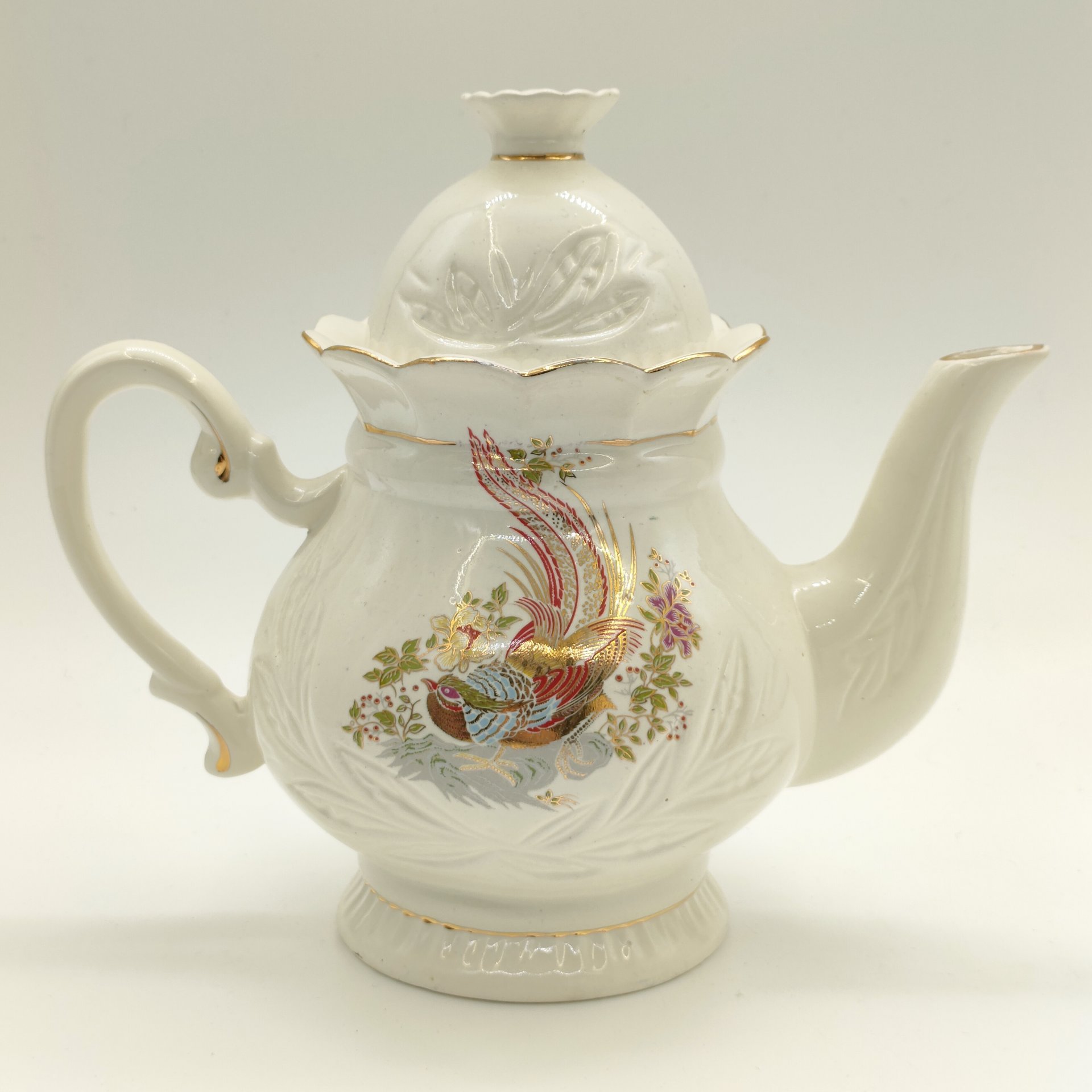 Набор из чайника и 6-ти чашек "Павлин", Neofitou Keramik 24k Gold, керамика, деколь, золочение, Греция, 1980-2000 гг.