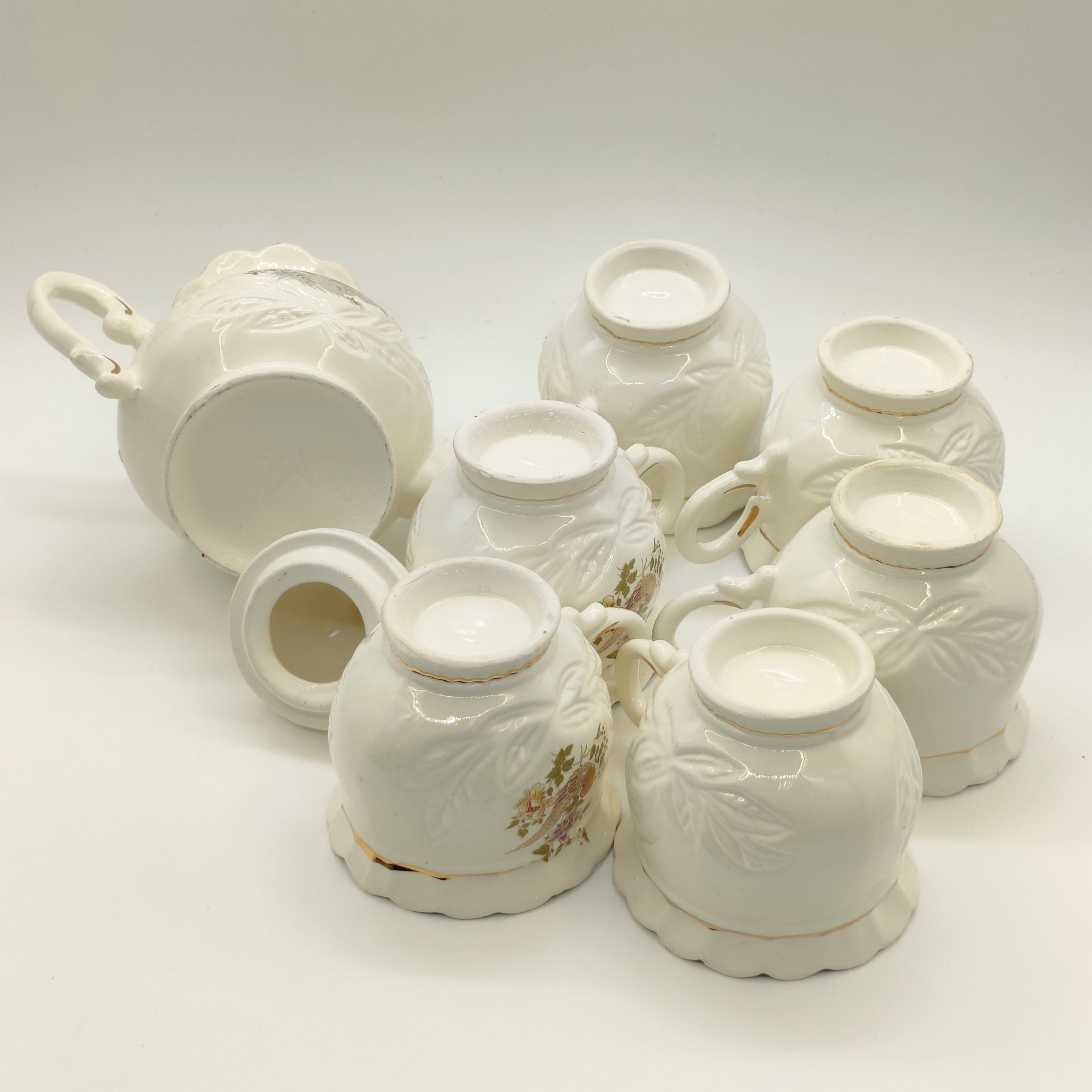 Набор из чайника и 6-ти чашек "Павлин", Neofitou Keramik 24k Gold, керамика, деколь, золочение, Греция, 1980-2000 гг.