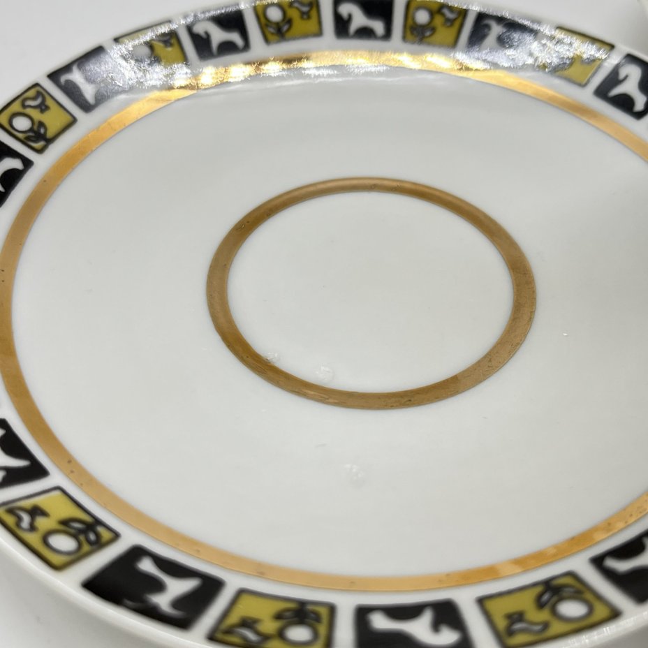 Набор из чайной пары и 2 блюдец из сервиза "Степной", форма «Утро», В.Л. Семенов, Н.М. Павлова, фарфор, деколь, золочение, Ленинградский фарфоровый завод (ЛФЗ), СССР, 1960 г.