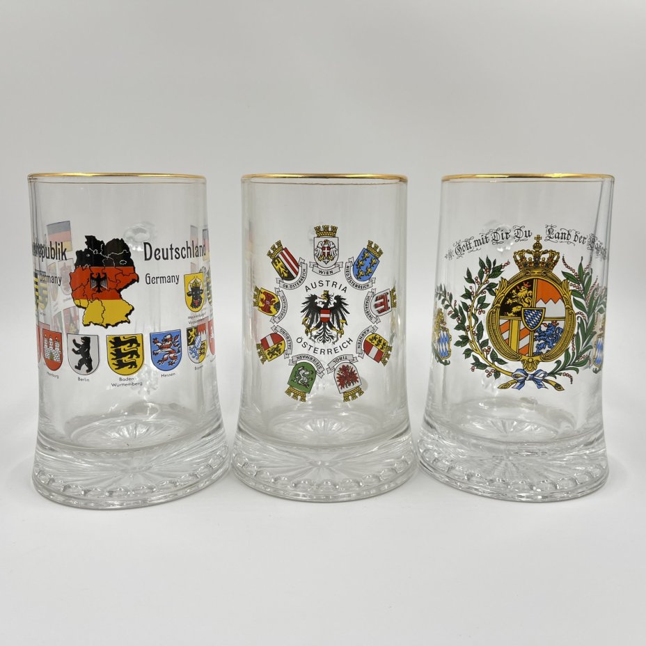 Набор из 3-х пивных кружек, стекло, деколь, золочение, Германия, 2010-2020 гг.
