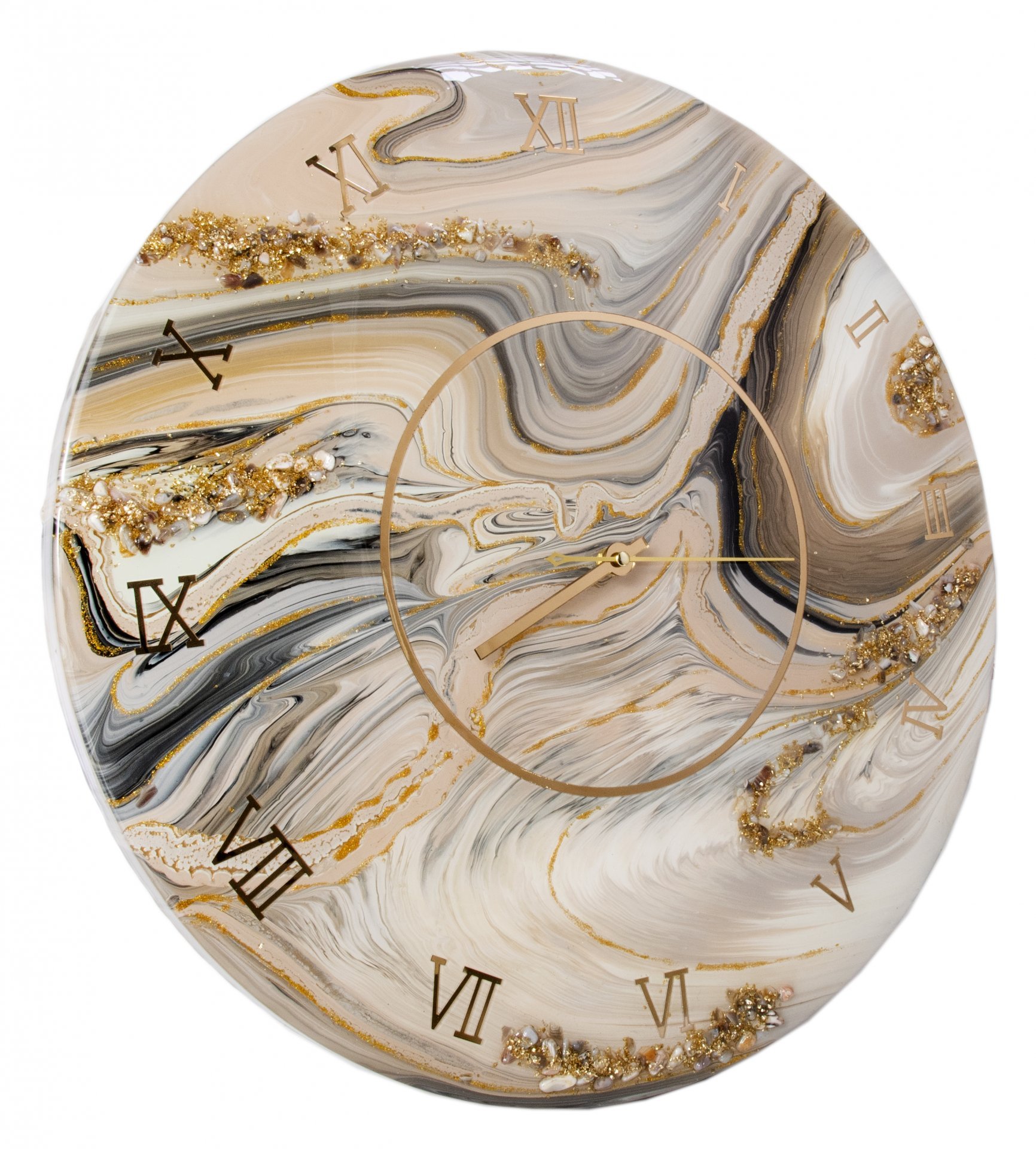 Часы настенные "Латте", авторская ручная работа в технике Resin Art, Глянцевое 3D покрытие, натуральный камень, Россия, 2021 г.