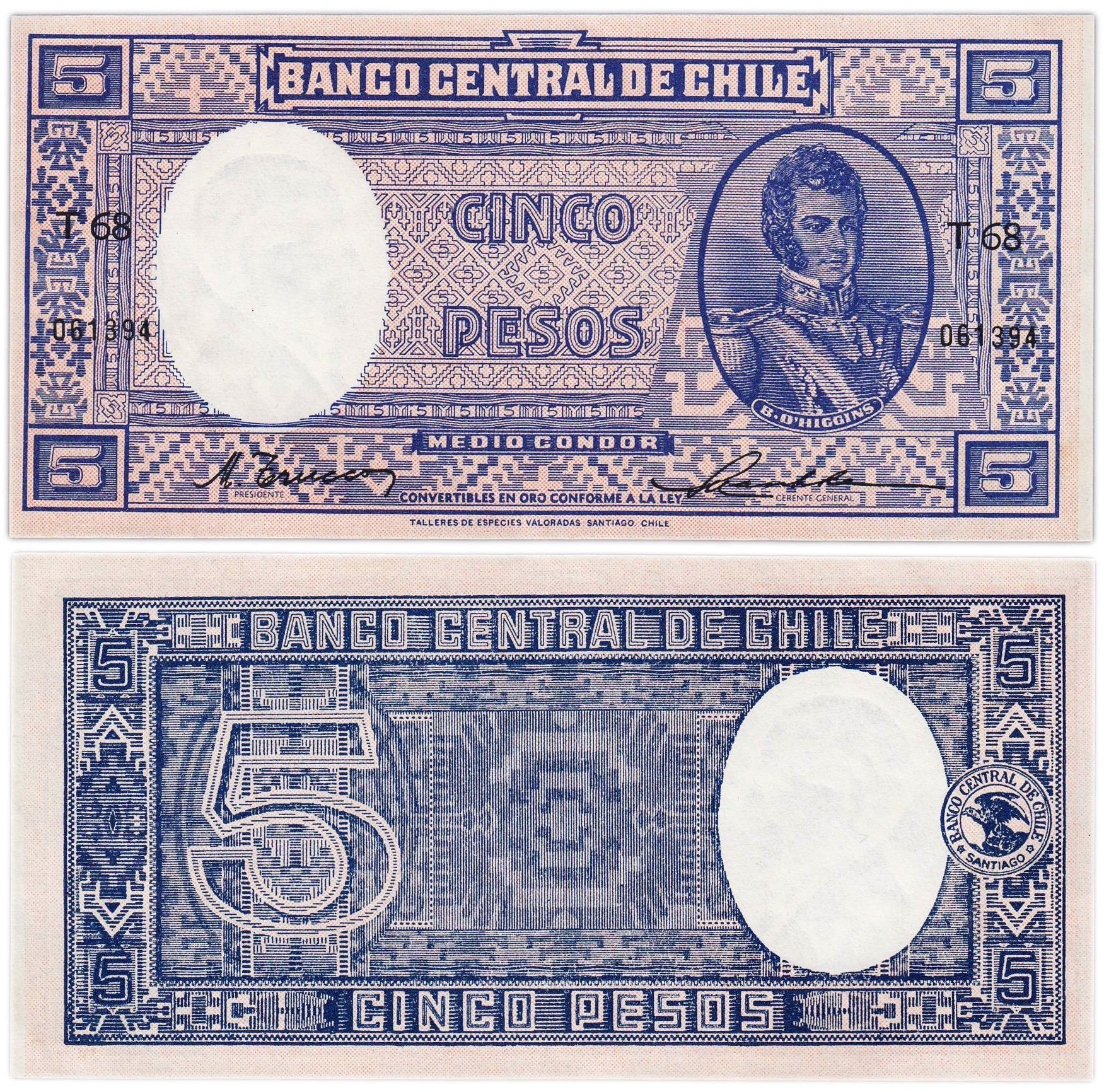 Чили 5 песо (pesos) серия Т68 №061394; подписи: президент Центробанка Maнуеэль Трукко Францани - главный управляющий Aртурo Торнерo  (1948-1951)