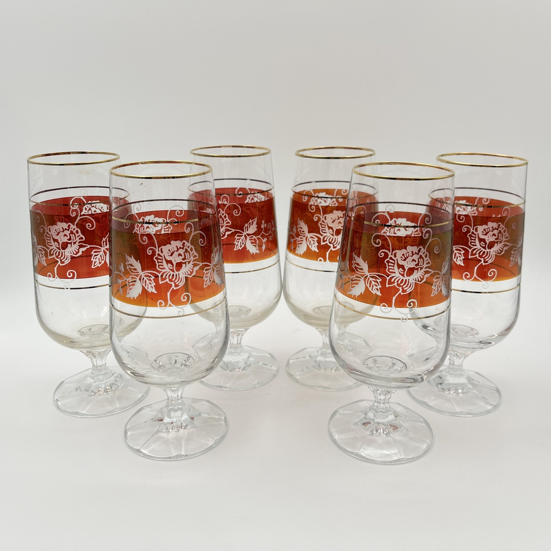 Набор из 6-ти фужеров для шампанского, украшенных цветочным декором, хрусталь, люстр, золочение, Bohemia Crystal (Bohemia Glass), Чехословакия, 1970-1990 гг.