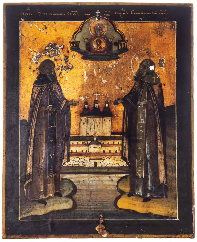 Икона "Зосима и Савватий Соловецкие", дерево, темпера,  Российская Империя, 1850-1890 гг.