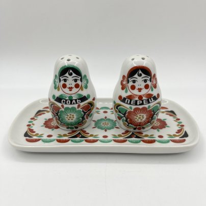 Набор для специй "Матрёшки" на подносе (перечница, солонка), Дмитровский фарфоровый завод (ДФЗ Вербилки)
